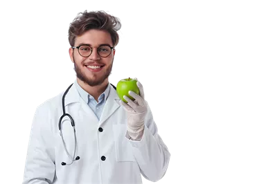 عکس دوربری متخصص تغذیه خوشحال در حال نگه داشتن سیب سبز با لباس سفید