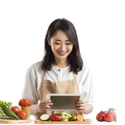 عکس دوربری زنی جوان و جذاب از آسیای شرقی که در حین پخت و پز به تماشای تبلت مشغول است