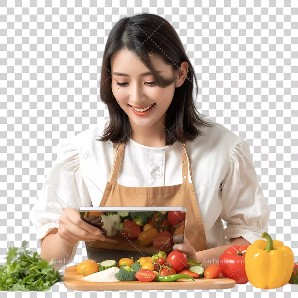 عکس دوربری زنی جوان و جذاب از آسیای شرقی که در حین پخت و پز به تماشای تبلت مشغول است