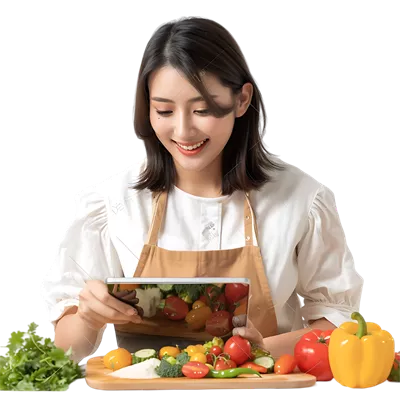 عکس دوربری زنی جوان و جذاب از آسیای شرقی که در حین پخت و پز به تماشای تبلت مشغول است