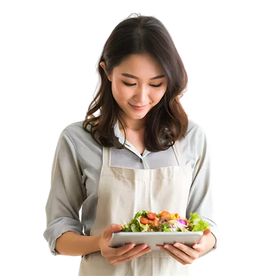 عکس دوربری زنی جوان و جذاب از آسیای شرقی که در حال آشپزی و تماشای تبلت است