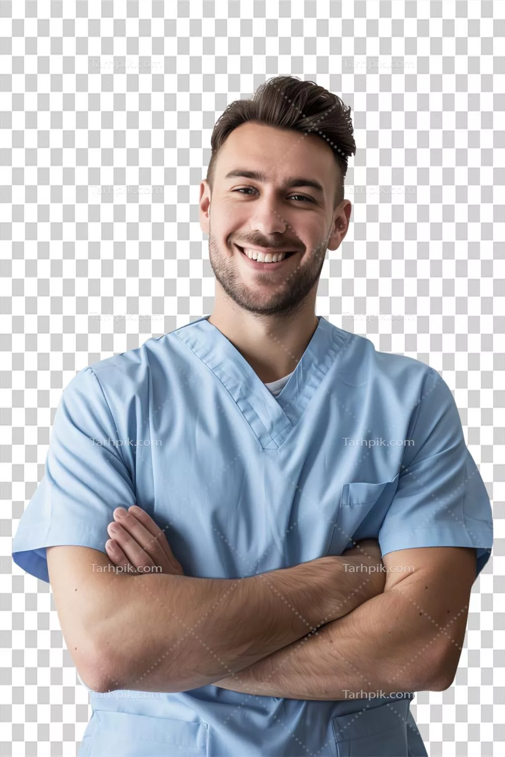 عکس دوربری تصویر یک پزشک مرد در یونیفرم آبی با کیفیت بالا و جزئیات دقیق