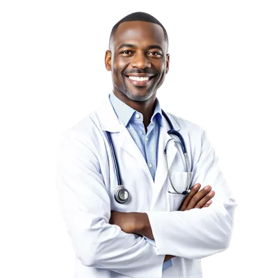 عکس دوربری دکتر مرد سیاه پوست با لبخند و دستان در هم قفل شده در مطب