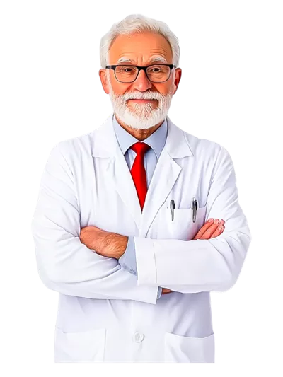 عکس دوربری پزشک ارشد با اعتماد به نفس در لباس سفید و کراوات قرمز