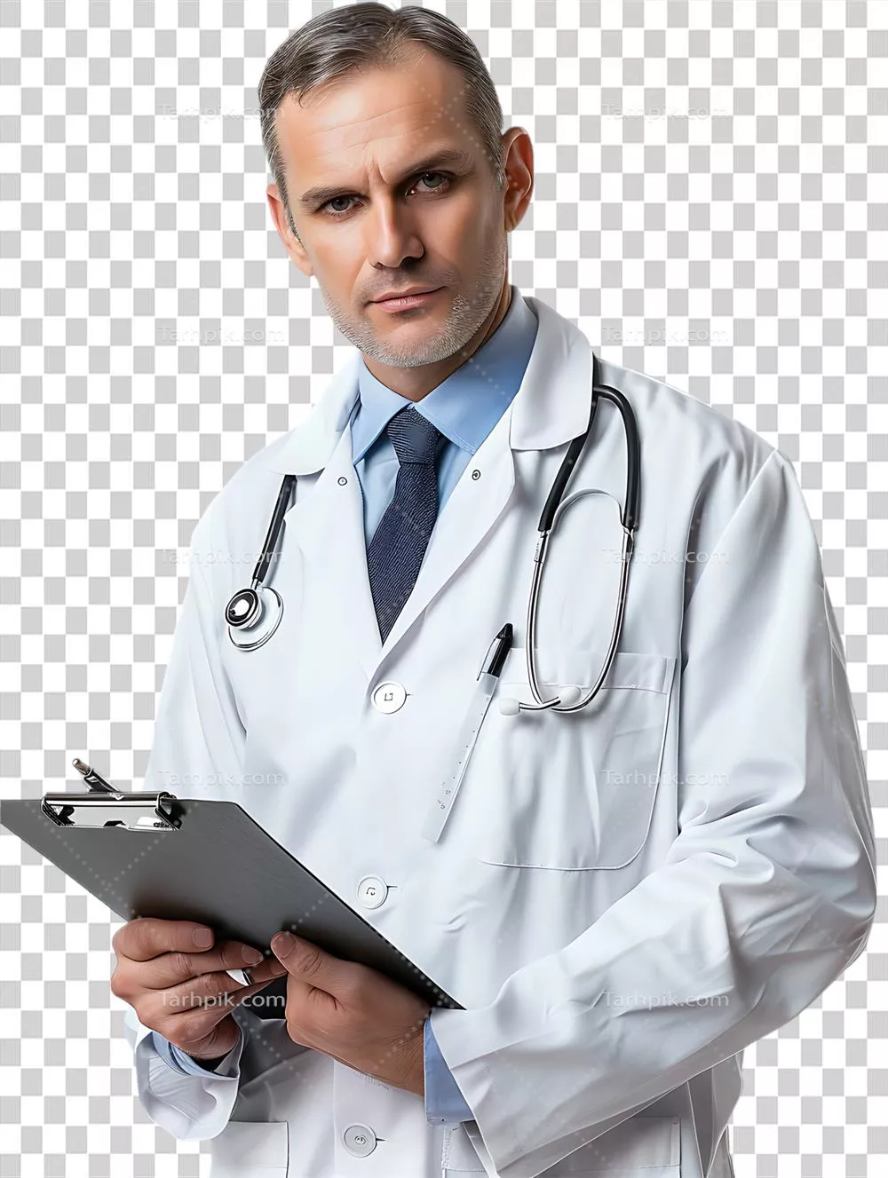 عکس دوربری پزشک در حال نوشتن بر روی برگه یادداشت در پس زمینه شفاف