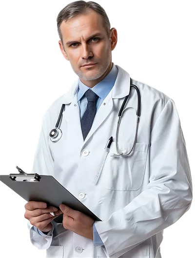 عکس دوربری پزشک در حال نوشتن بر روی برگه یادداشت در پس زمینه شفاف