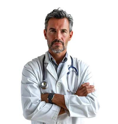 عکس دوربری تصویر یک پزشک مرد با اعتماد به نفس در پس زمینه شفاف و ایزوله