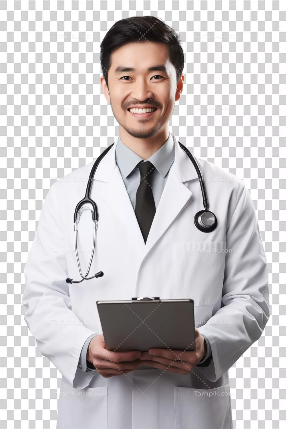 عکس دوربری پرتره ای از یک پزشک جوان با لبخند دلنشین و شاداب