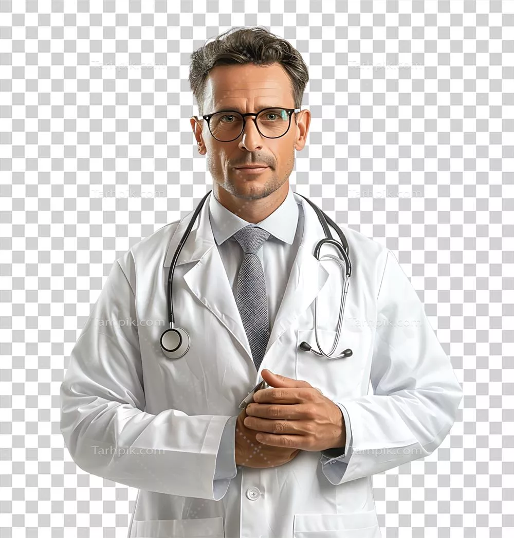 عکس دوربری تصویر یک پزشک مرد با اعتماد به نفس در پس زمینه شفاف و ایزوله