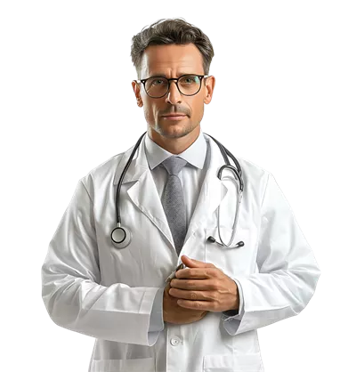 عکس دوربری تصویر یک پزشک مرد با اعتماد به نفس در پس زمینه شفاف و ایزوله