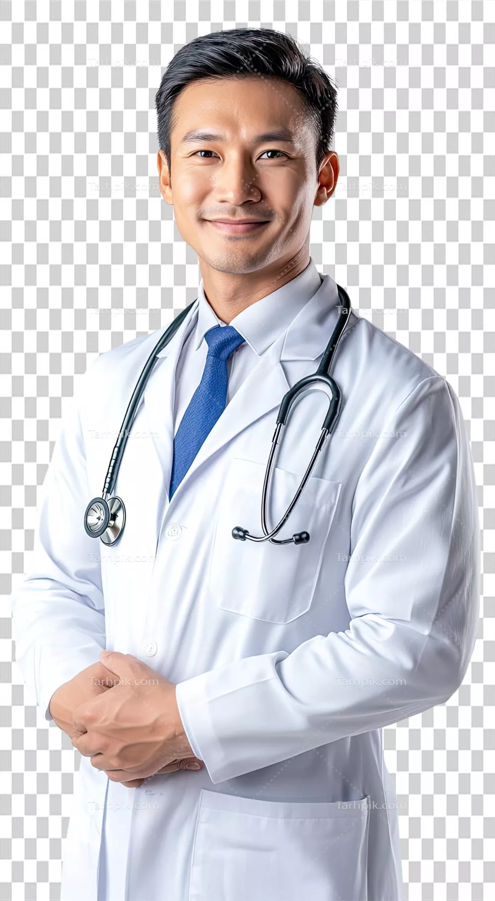 عکس دوربری تصویری از یک پزشک مرد در حال معاینه بیماران با لباس سفید و کراوات