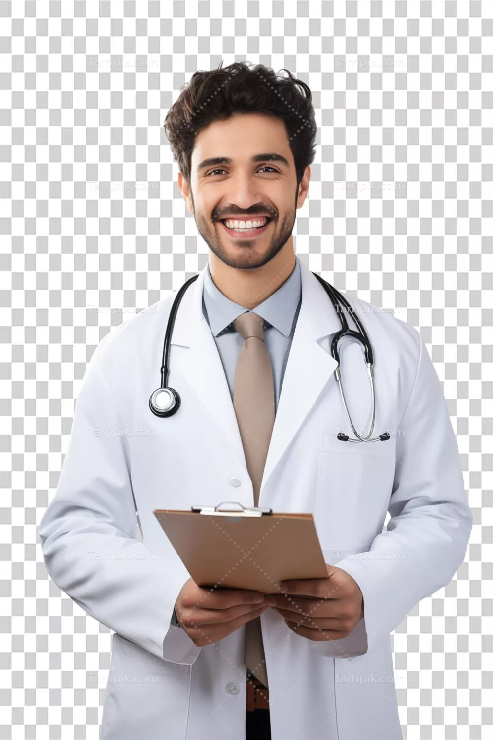 عکس دوربری پرتره ای از یک پزشک جوان با لبخند دلنشین و شاداب