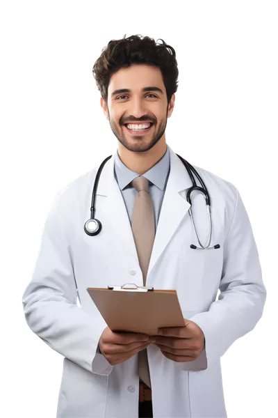 عکس دوربری پرتره ای از یک پزشک جوان با لبخند دلنشین و شاداب