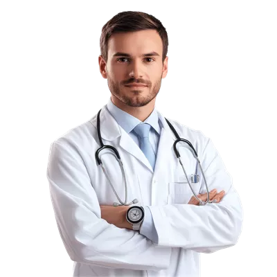 عکس دوربری پزشک آنلاین در روپوش شفاف با گوشی پزشکی، نماد حرفه ای گری و مراقبت