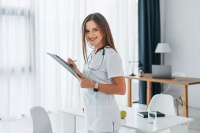 عکس زنی حرفه ای در لباس پزشکی در دفتر کار با یادداشت برداری مشغول است