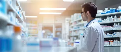 عکس داروساز آفریقایی-آمریکایی در حال بررسی موجودی داروها در داروخانه