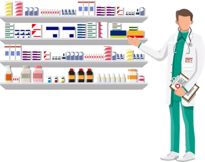عکس دوربری طراحی مدرن داخلی داروخانه با حضور داروساز مرد در محیط کار