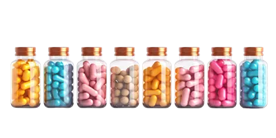 عکس دوربری مجموعه ای از بطری های دارویی کپسولی با طراحی هوش مصنوعی بر روی پس زمینه شفاف