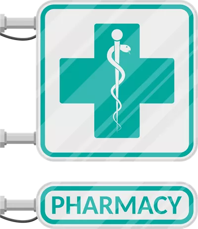 عکس دوربری تابلوی داروخانه بر روی دیوار با طراحی جذاب و مدرن