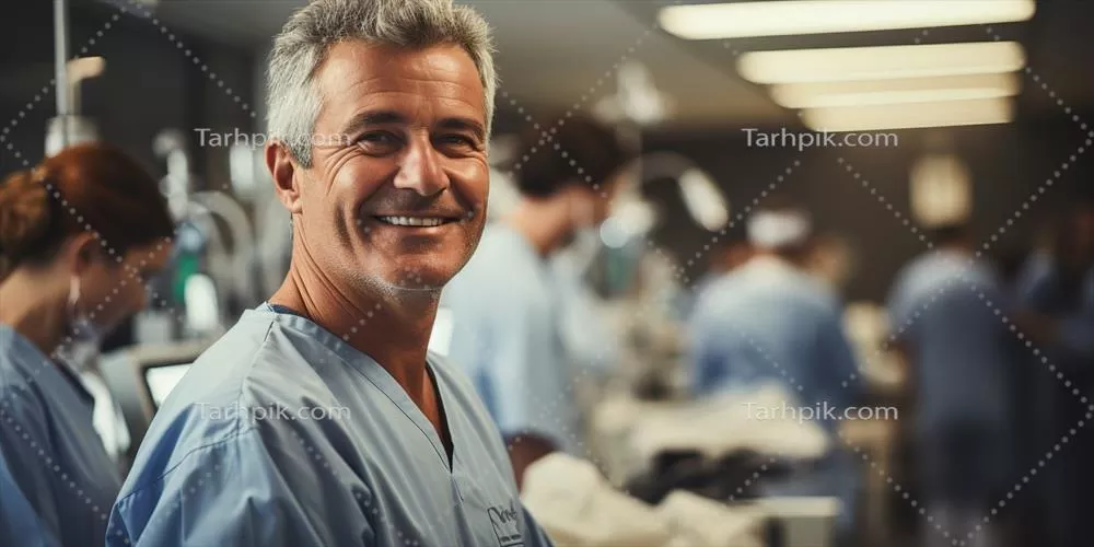عکس پرتره مرد دندانپزشک در محل کار: هنر گرافیکی و بهداشت