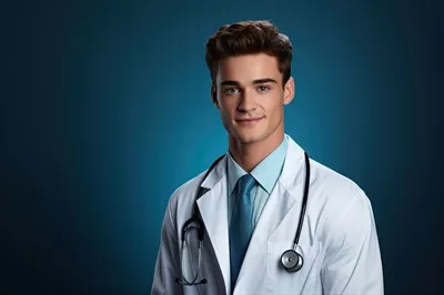 عکس پرتره ای از یک پزشک جوان و با اعتماد به نفس در پس زمینه آبی