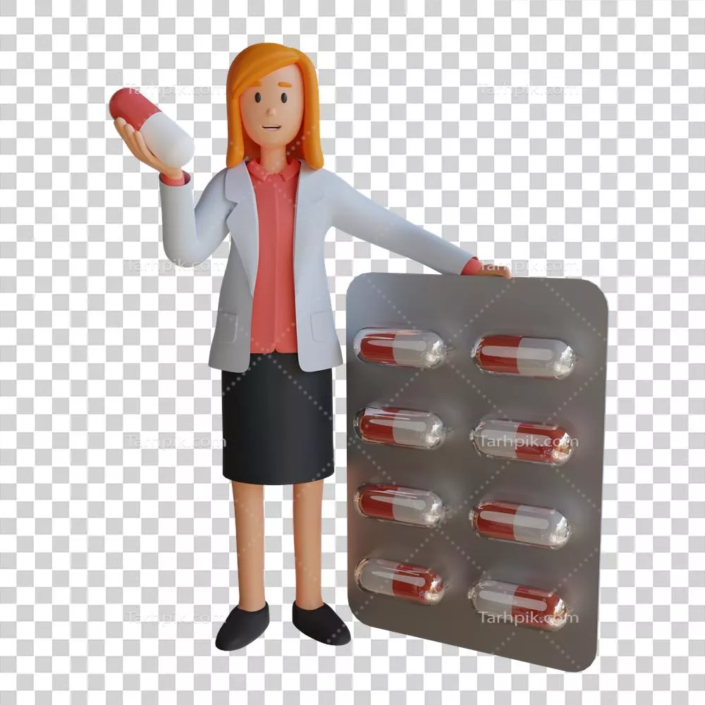 عکس دوربری تصویری از یک پزشک زن 3D که داروها را در کپسول حمل می کند