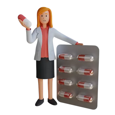 عکس دوربری تصویری از یک پزشک زن 3D که داروها را در کپسول حمل می کند