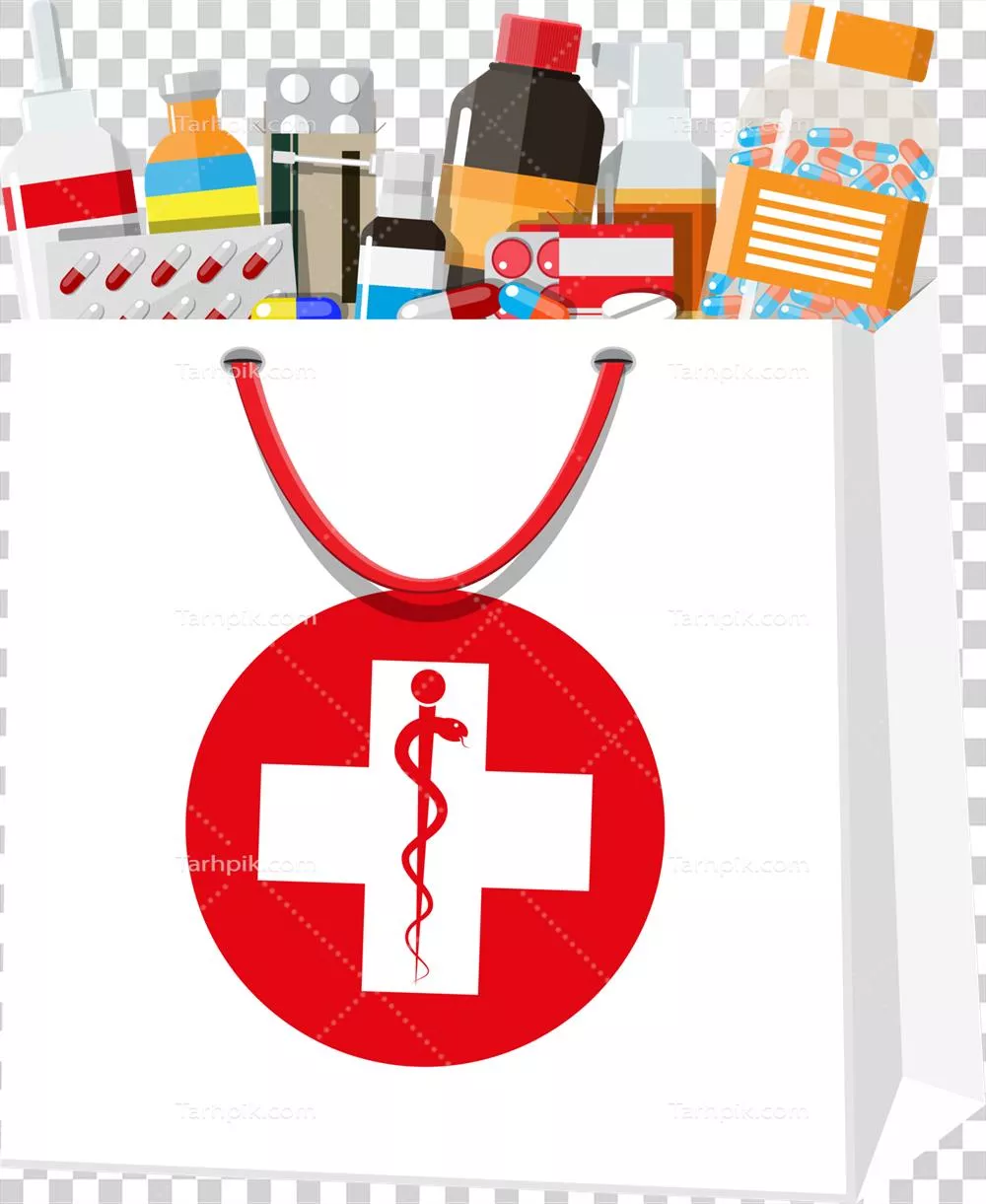 عکس دوربری مجموعه ای از قرص ها و بطری ها در یک کیسه خرید رنگارنگ