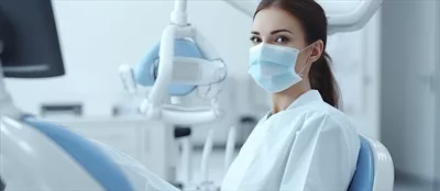 عکس دکتر زن با ماسک و دستکش در کنار بیمار روی صندلی دندانپزشکی