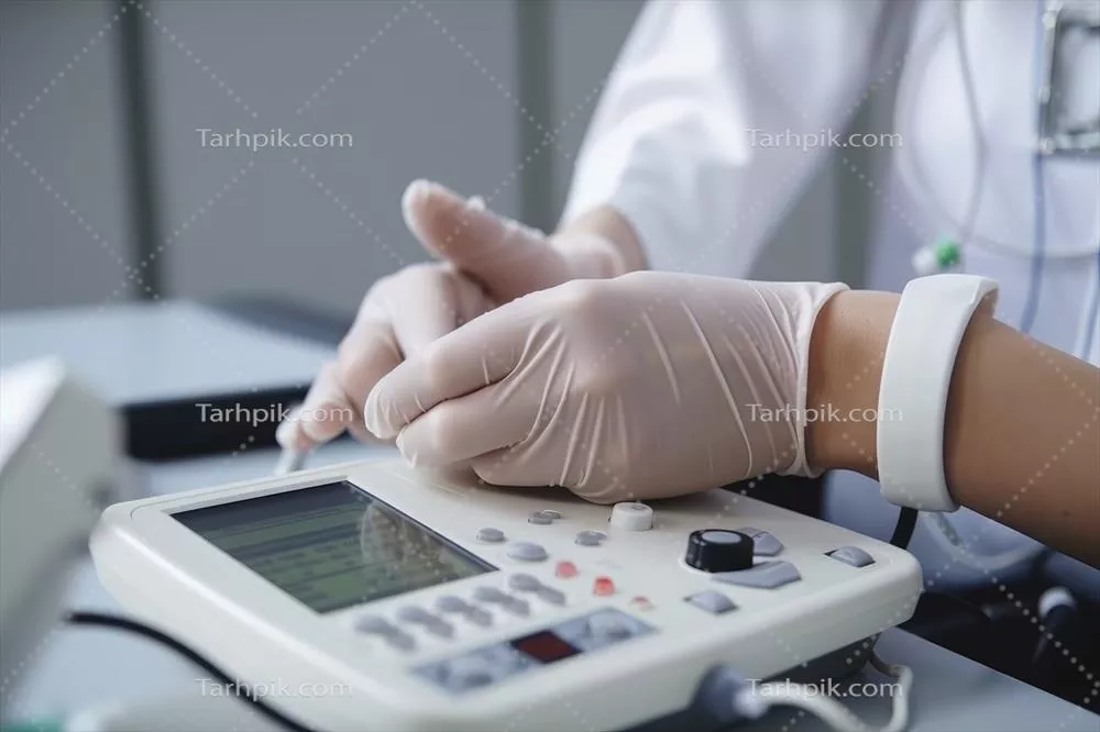 عکس تصویری نزدیک از دستان یک پزشک در حال استفاده از دستگاه سونوگرافی