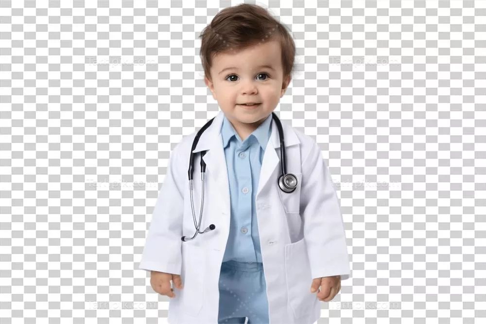 عکس دوربری نوزاد پسر با لباس پزشک در پس زمینه شفاف - تصویر جذاب و دلنشین