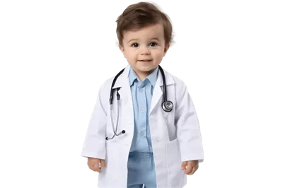 عکس دوربری نوزاد پسر با لباس پزشک در پس زمینه شفاف - تصویر جذاب و دلنشین