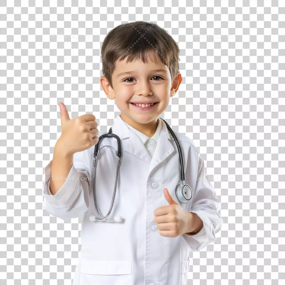 عکس دوربری پسر بچه ای خوشحال در لباس پزشک با ژست دست و علامت تایید