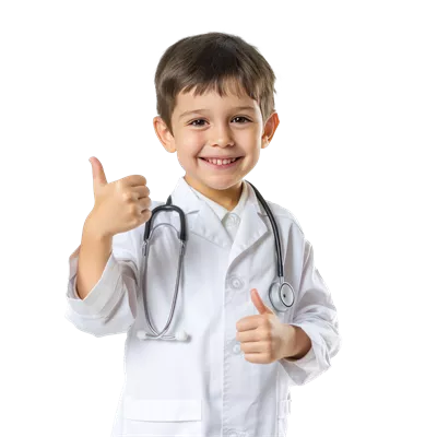 عکس دوربری پسر بچه ای خوشحال در لباس پزشک با ژست دست و علامت تایید