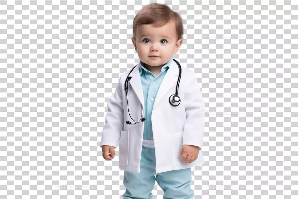 عکس دوربری نوزاد پسر با لباس پزشک در پس زمینه شفاف - تصویر جذاب و دلنشین