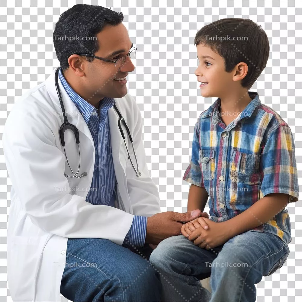عکس دوربری پزشک در حال تعامل با یک بیمار جوان در محیط بالینی برای ایجاد اعتماد و ارتباط