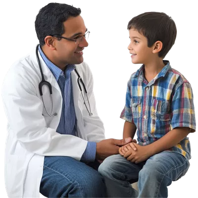 عکس دوربری پزشک در حال تعامل با یک بیمار جوان در محیط بالینی برای ایجاد اعتماد و ارتباط