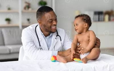 عکس تصویری از پزشک سیاه پوست در حال معاینه نوزاد پسر در مطب