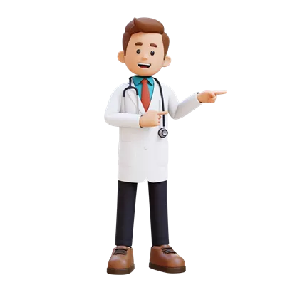عکس دوربری شخصیت دکتر سه بعدی در حال اشاره به سمت چپ برای محتوای پزشکی