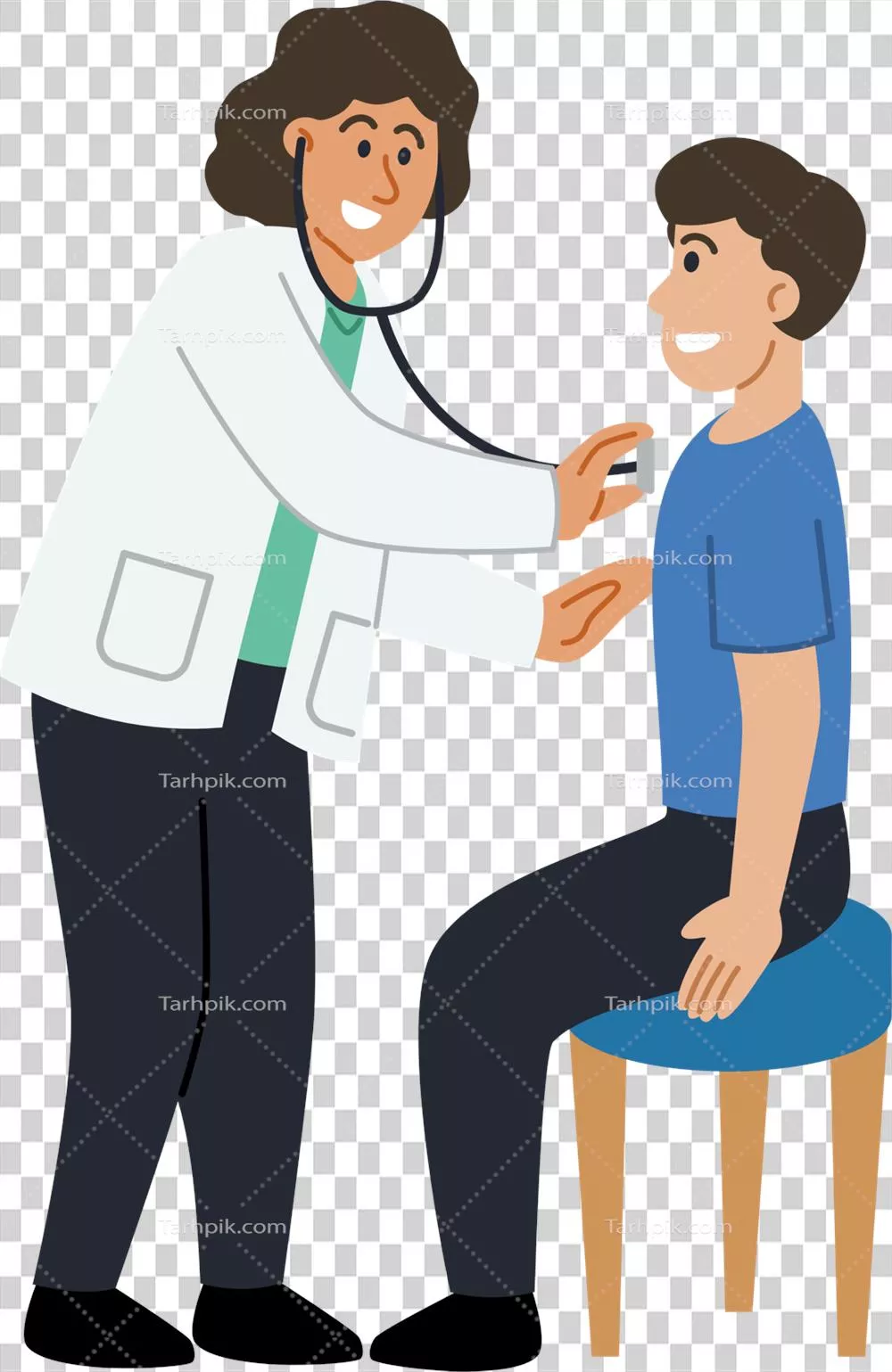عکس دوربری پزشک زن با استفاده از گوشی پزشکی به صدای قلب بیمار مرد گوش می دهد
