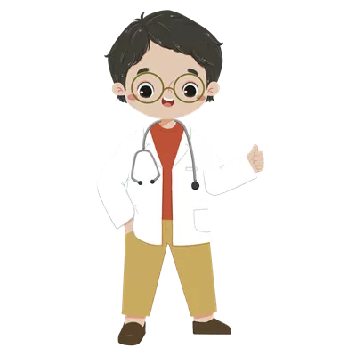 عکس دوربری کودک در مطب پزشک متخصص اطفال با لبخند و علامت تایید