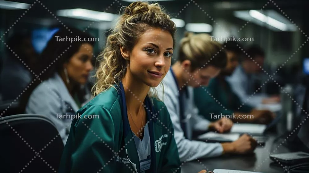 عکس تصویری از یک کارمند پزشکی در حال کار در دفتر خود