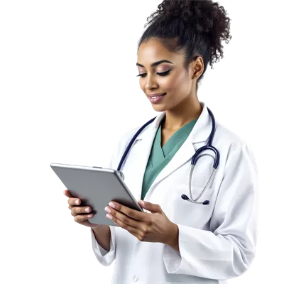 عکس دوربری پزشک زن در حال بررسی اطلاعات پزشکی با تبلت در مطب