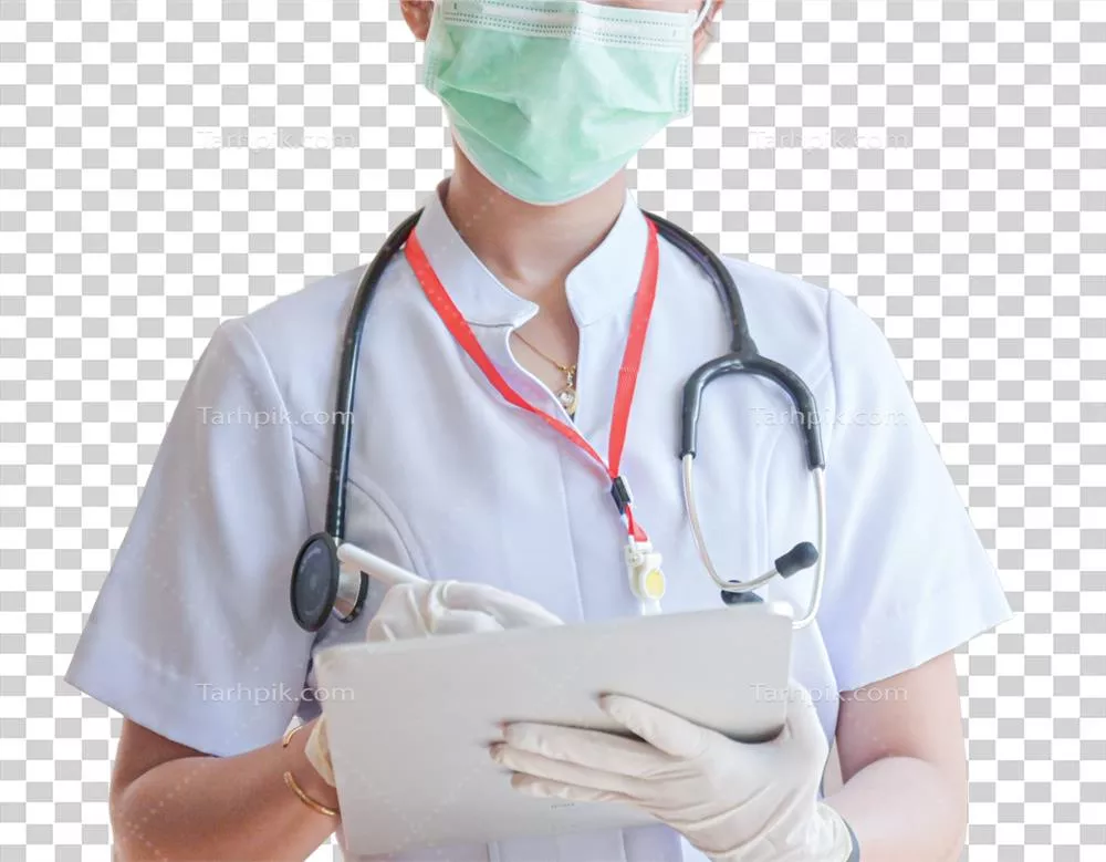 عکس دوربری پرسنل پزشکی در حال کار با تبلت در پس زمینه شفاف