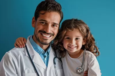 عکس پزشک کودکان با لبخند و گوشی پزشکی در کنار کودک شاد
