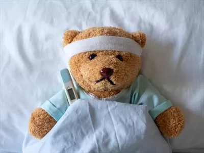 عکس خرس عروسکی زخمی با باند و دماسنج: نماد مراقبت و محبت