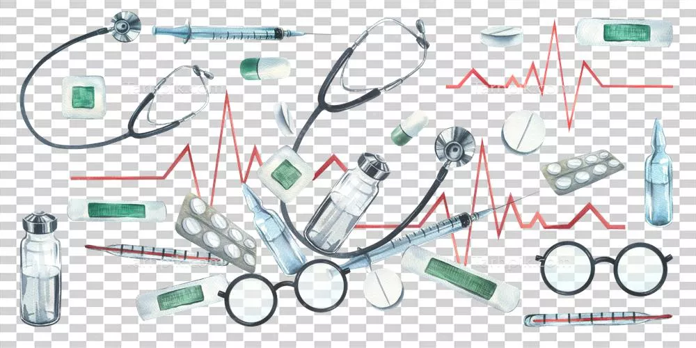 عکس دوربری کیت کمک های اولیه پزشکی شامل استتوسکوپ، سرنگ، چسب زخم و قرص ها