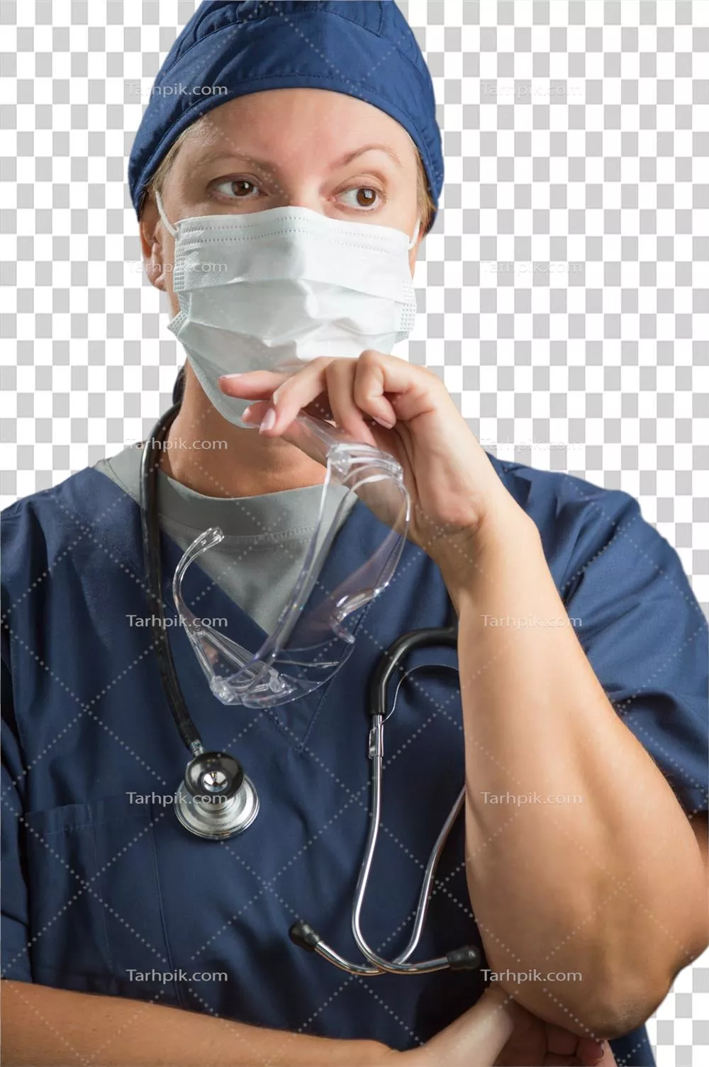 عکس دوربری پزشک یا پرستار زن با تجهیزات محافظتی و ماسک پزشکی در حال خدمت