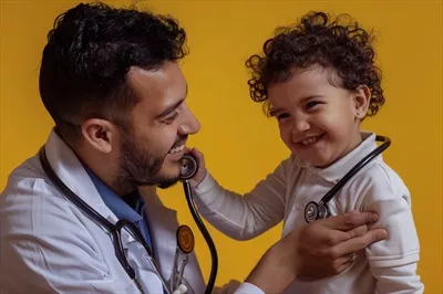 عکس پزشک کودکان با لبخند و گوشی پزشکی در کنار یک کودک شاد