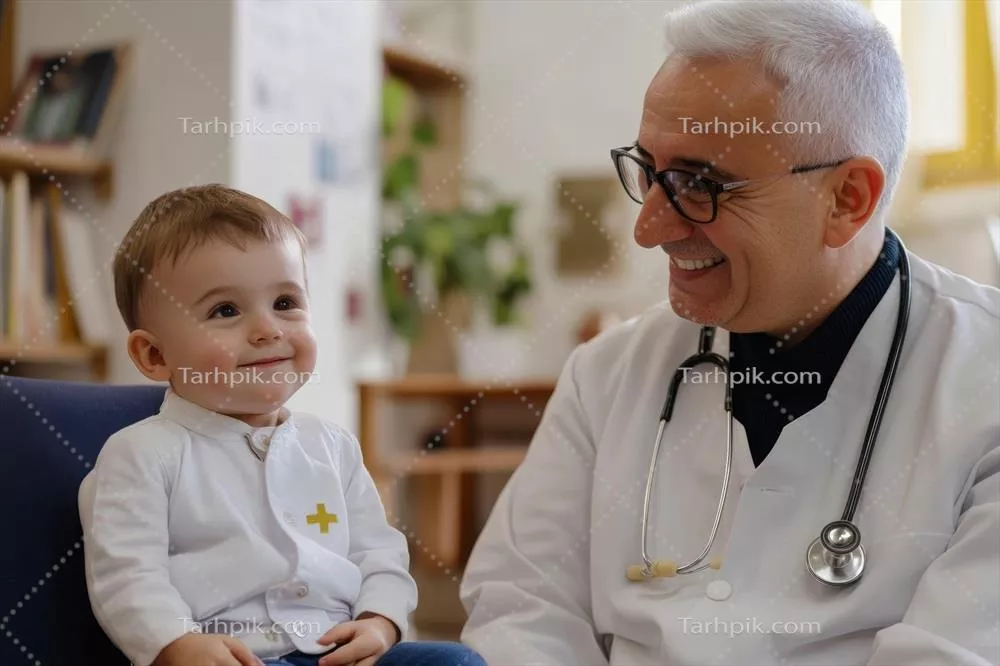 عکس پزشک اطفال با لبخند به پسربچه نشسته بر روی صندلی نگاه می کند